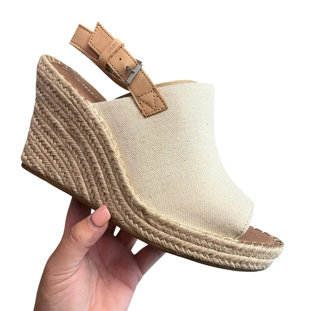 TOMS Monica Wedge Sandals Women's Size 10‎ Natural Canvas Espadrille Peep Toe